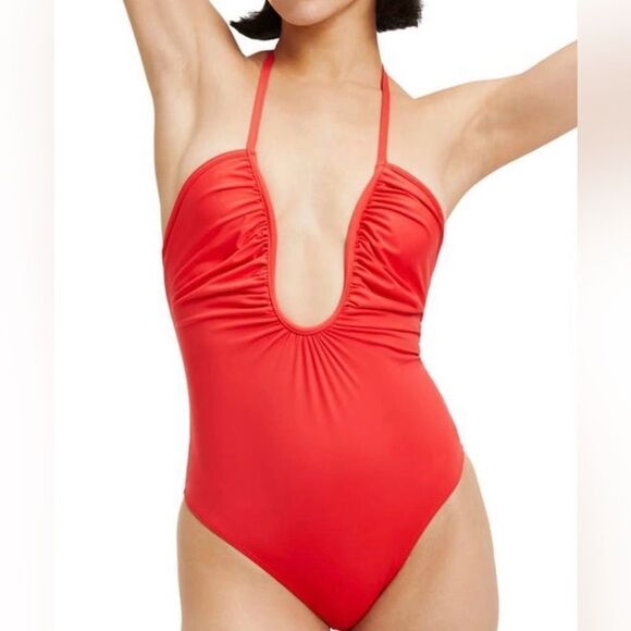 GOOD AMERICAN Bright Poppy Red Halter One-Piece Swimsuit Size 4(XL) - Picture 1 of 8